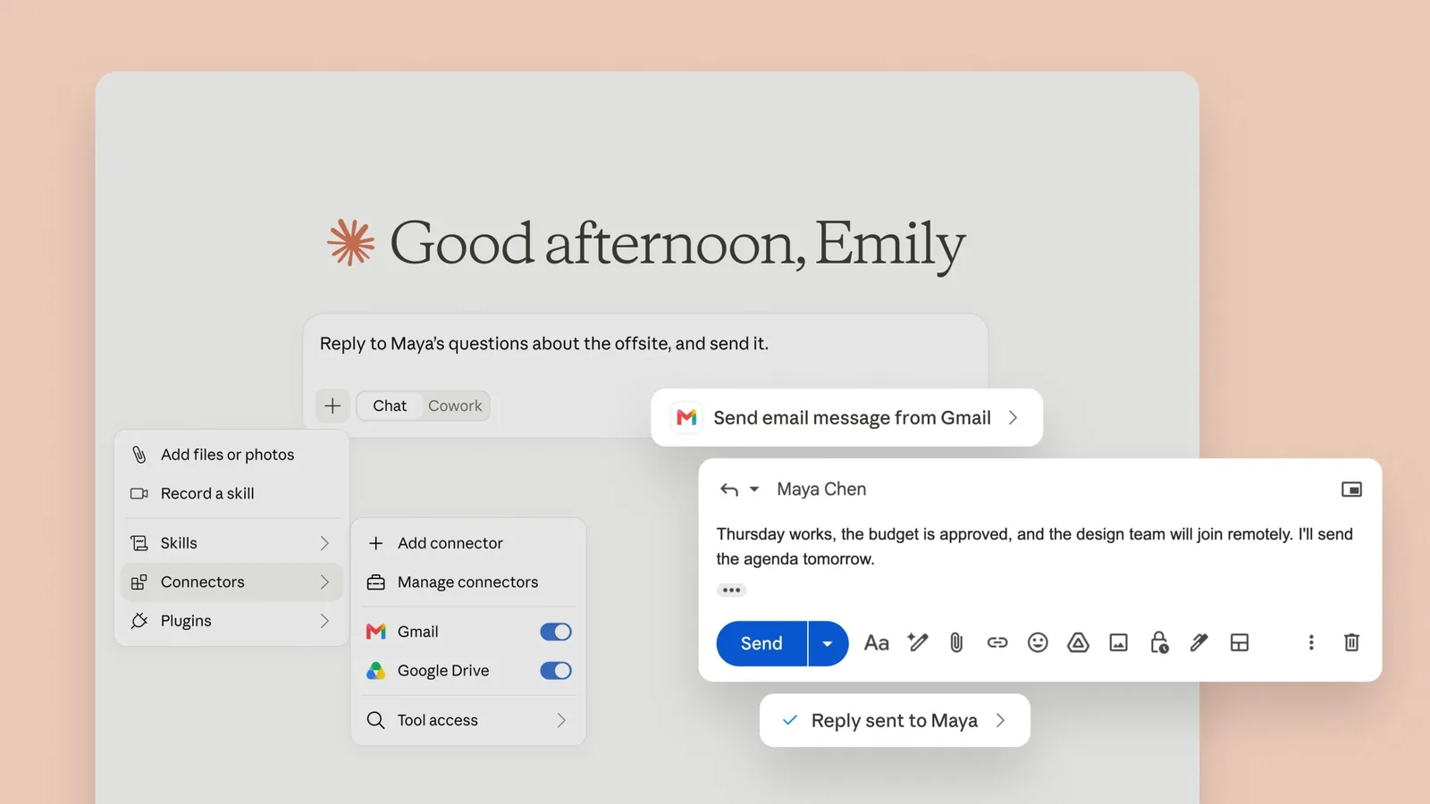 Capture montrant Claude en train d'envoyer un email depuis un compte Gmail connecté