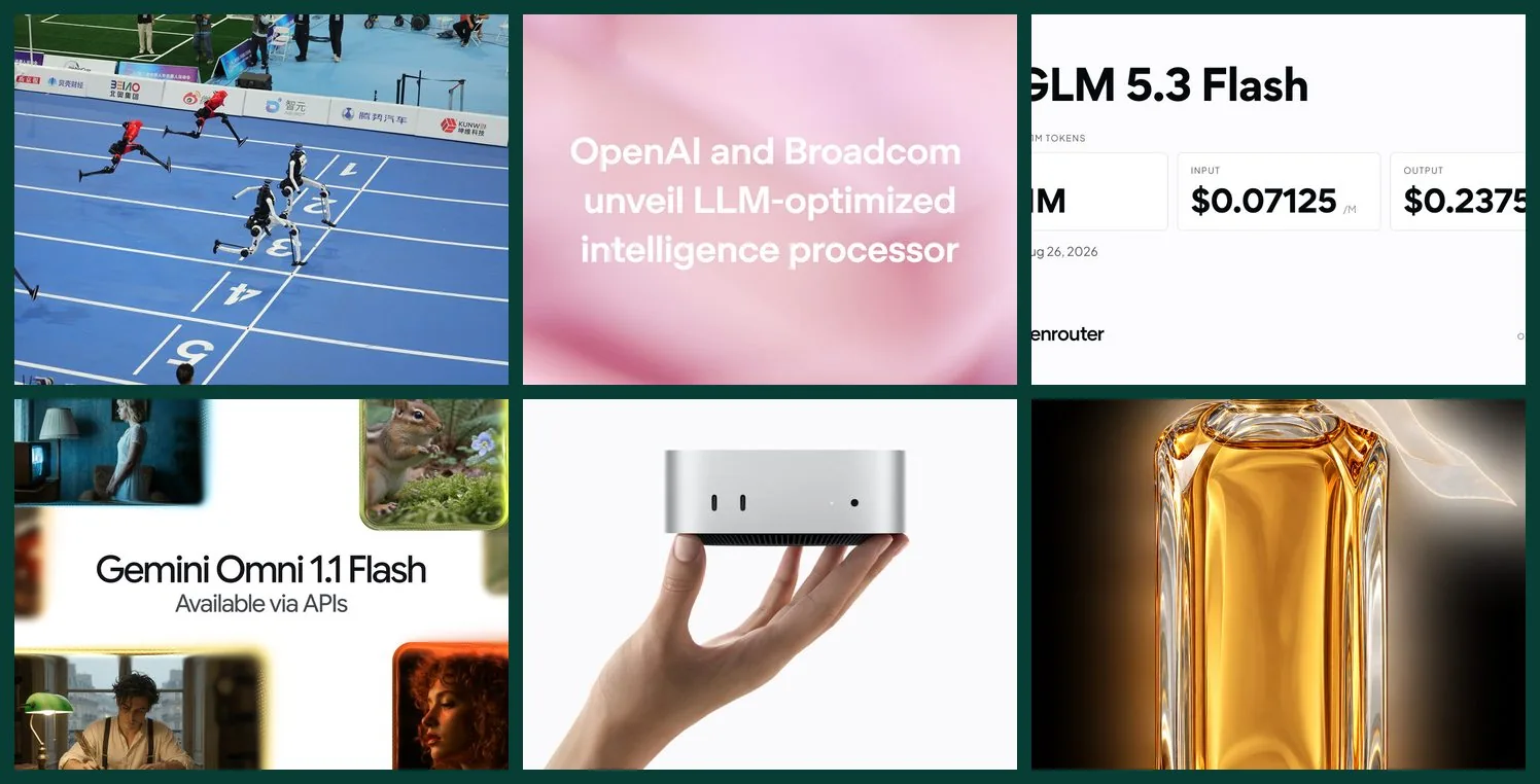 Collage des grandes actualités IA de la semaine : robot humanoïde, puce, modèle GLM-5.3 Flash, vidéo Gemini, Mac mini et produit transparent