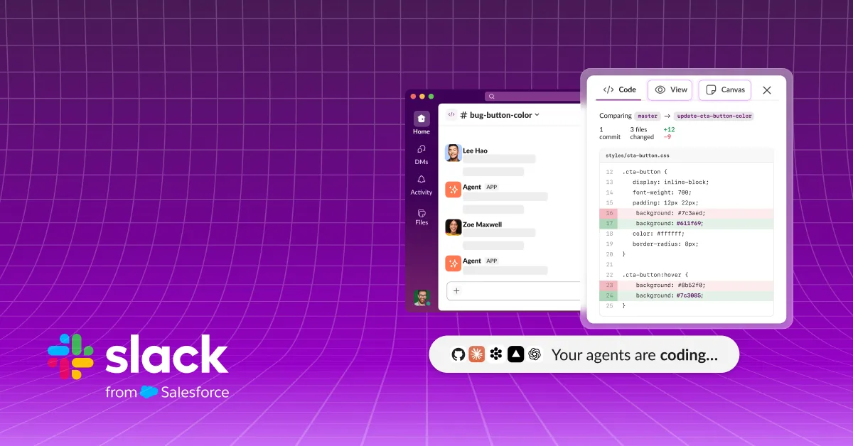 Interface Slack Code montrant un canal où une équipe et des agents IA construisent du code ensemble