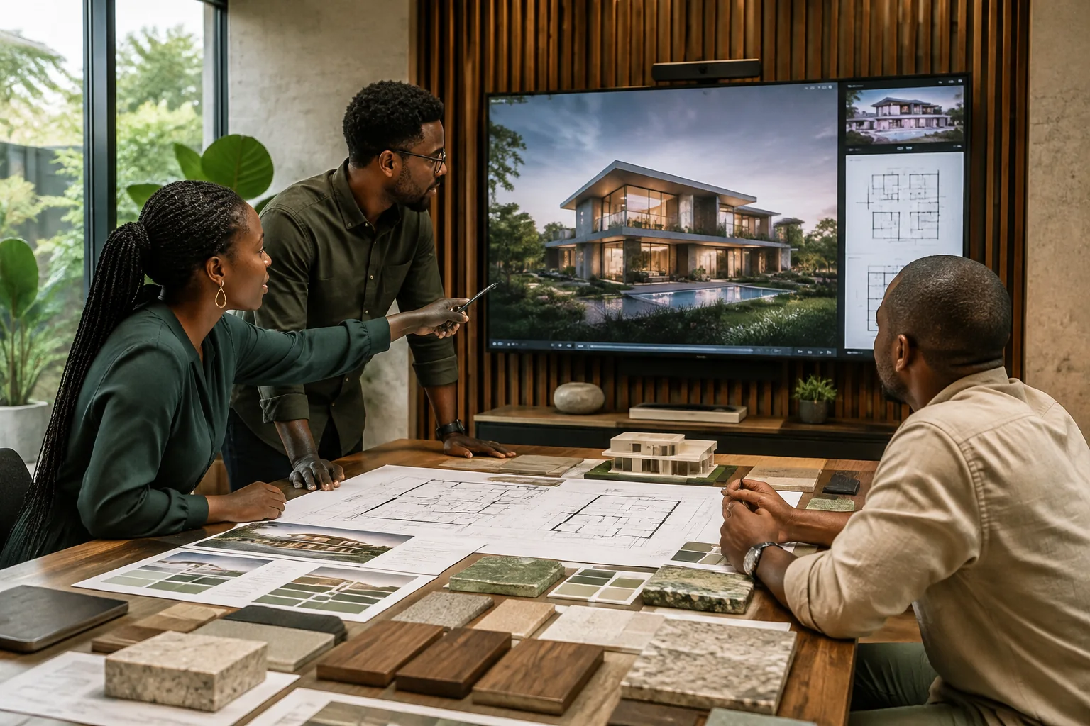 Architectes africains présentant un rendu architectural à un client