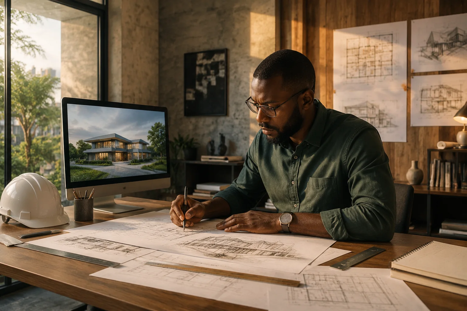 Architecte africain vérifiant un détail du projet avec plans et esquisse