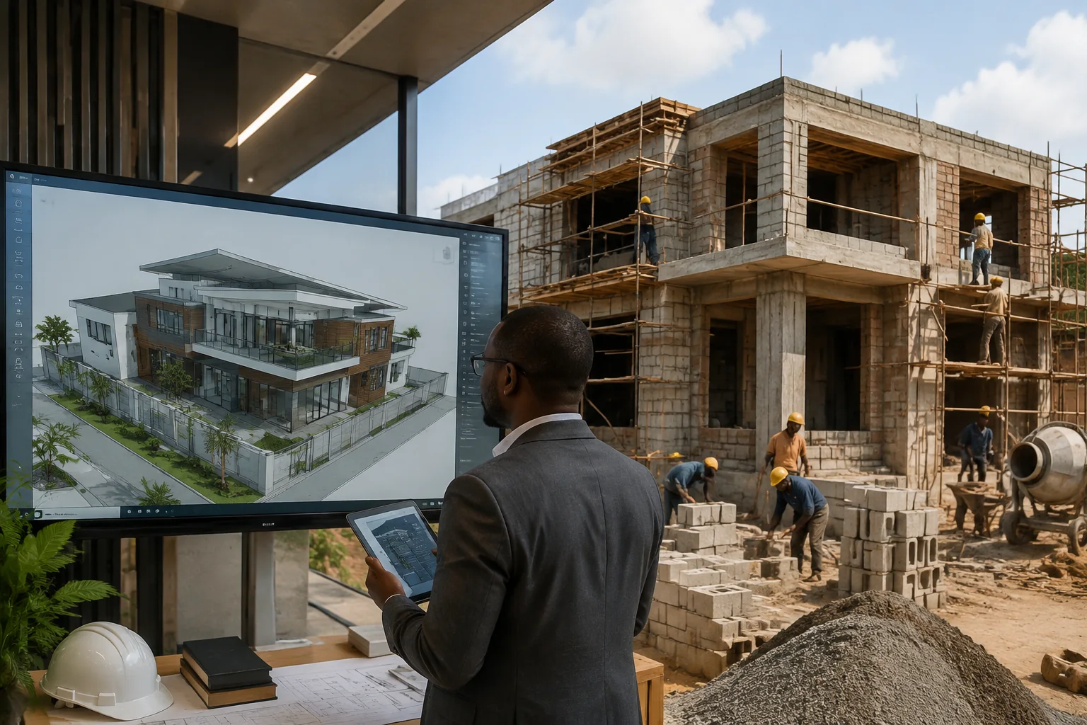 Maquette BIM comparée au chantier réel d'une résidence