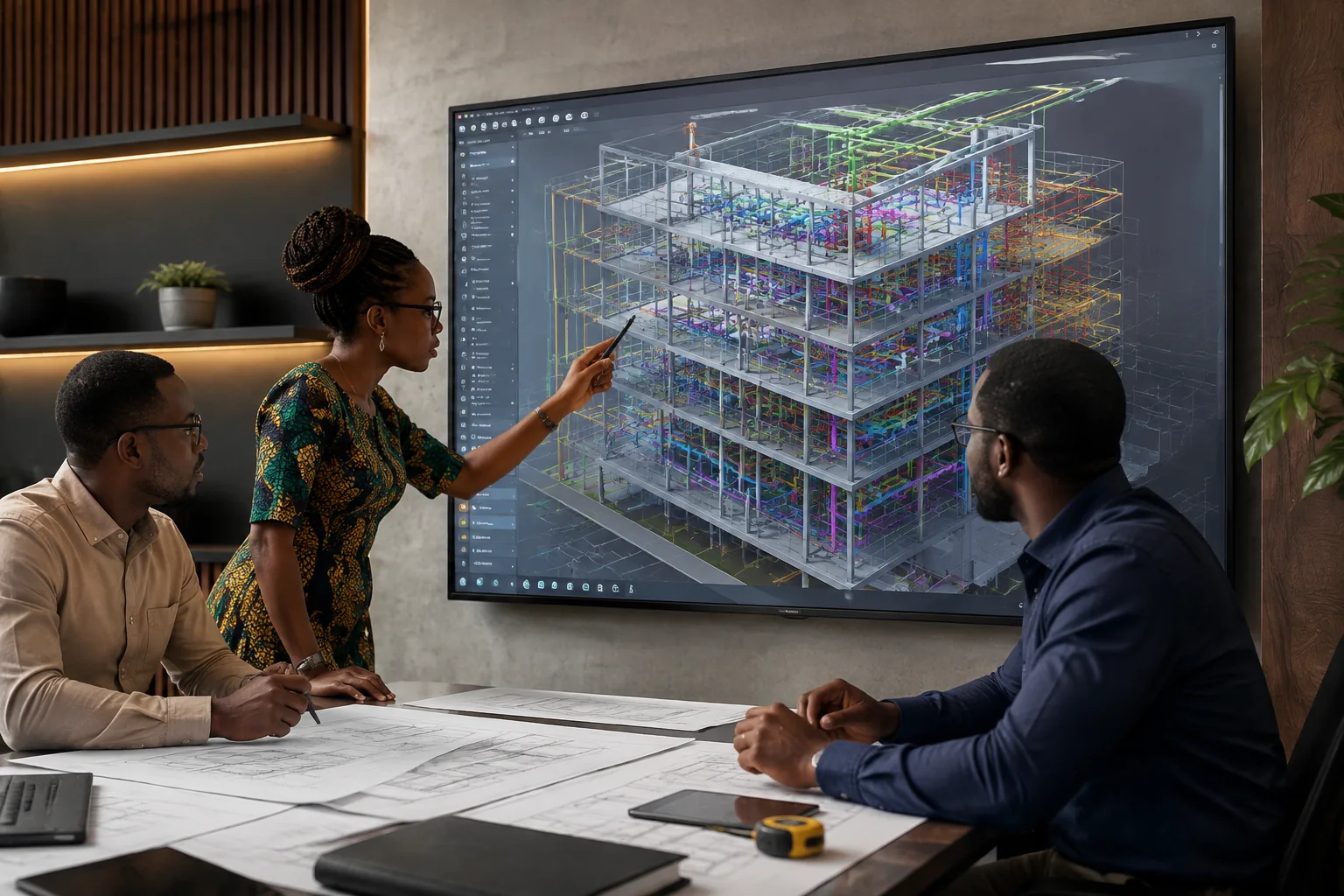 Réunion de coordination BIM avec superposition des réseaux techniques