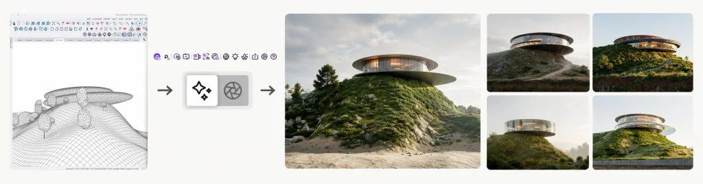 Visuel officiel D5 Lite montrant des variantes architecturales générées à partir d’une maquette