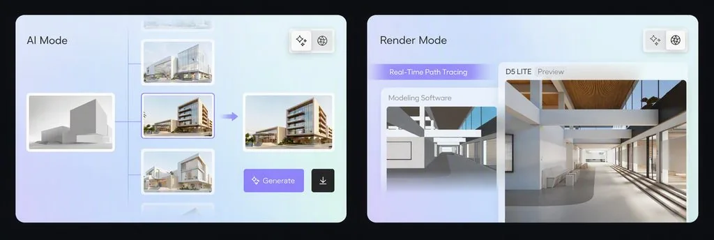 Visuel officiel D5 Lite montrant AI Mode et Render Mode dans le workflow de conception