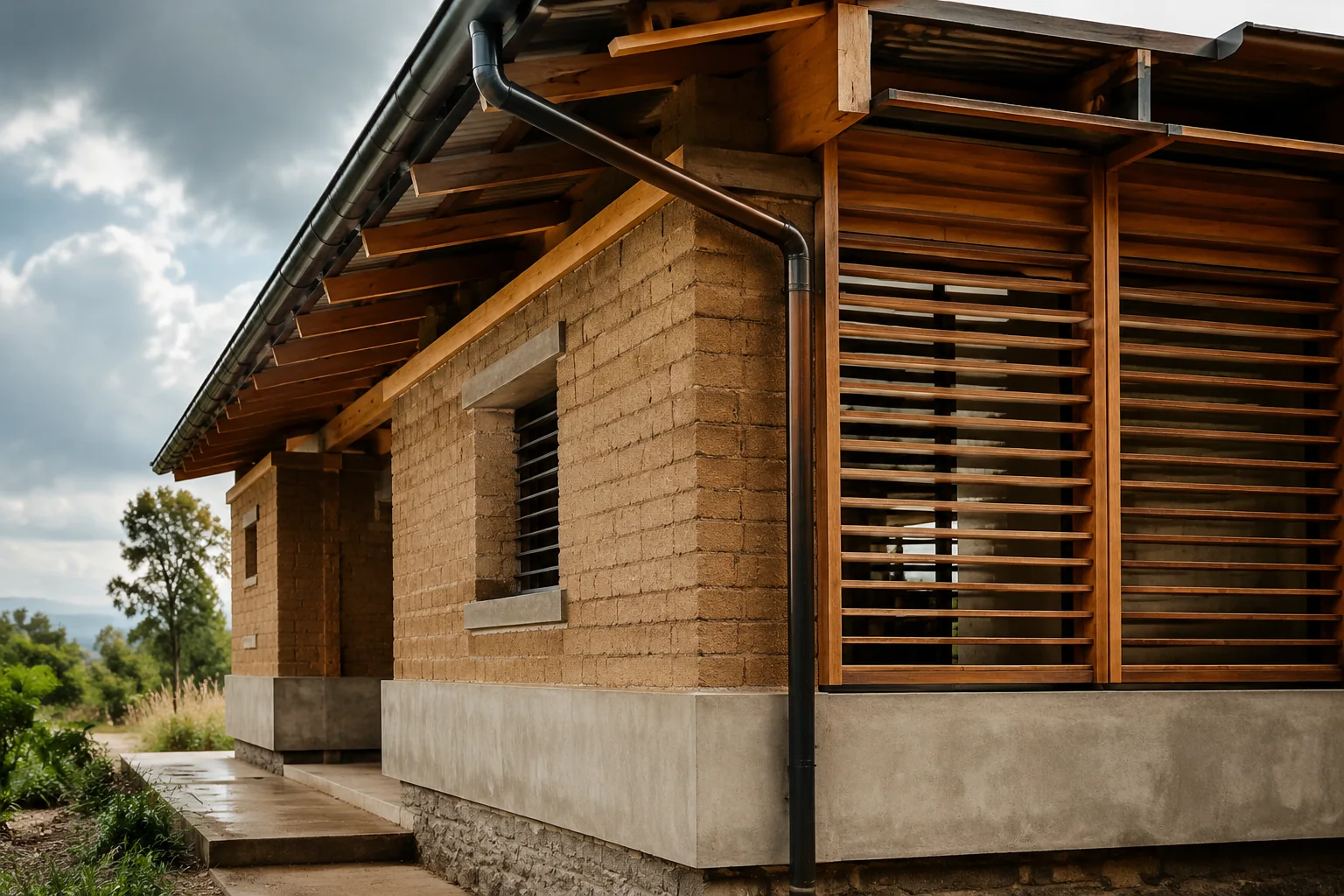 Détail d'enveloppe constructible protégeant une résidence des pluies et de la chaleur