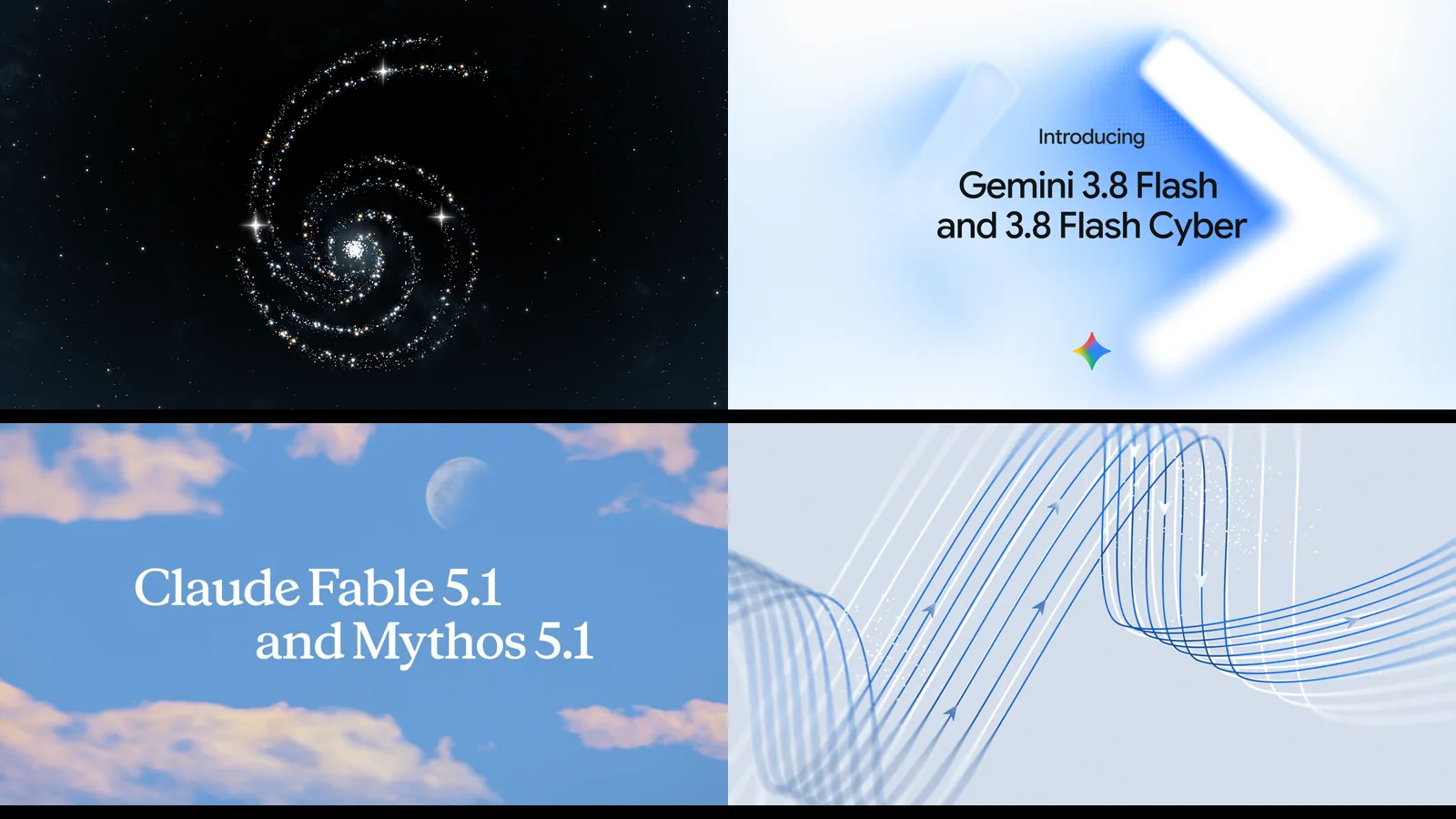 Collage des quatre visuels officiels des modèles lancés la même semaine : OpenAI GPT-6 Astra, Gemini 3.8 Flash et Flash Cyber, Claude Fable 5.1 et Mythos 5.1, et Meta Muse Spark 1.3