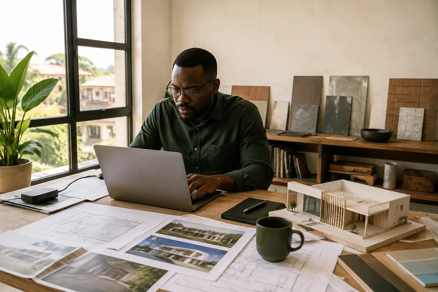 Architecte africain travaillant avec des outils adaptés à ses moyens