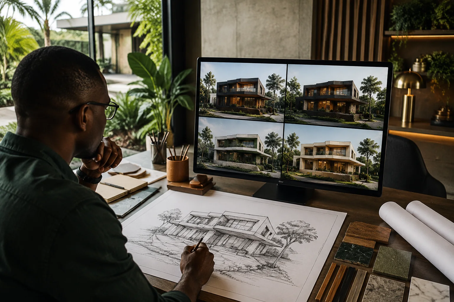 Esquisse architecturale comparée à des variantes générées par IA