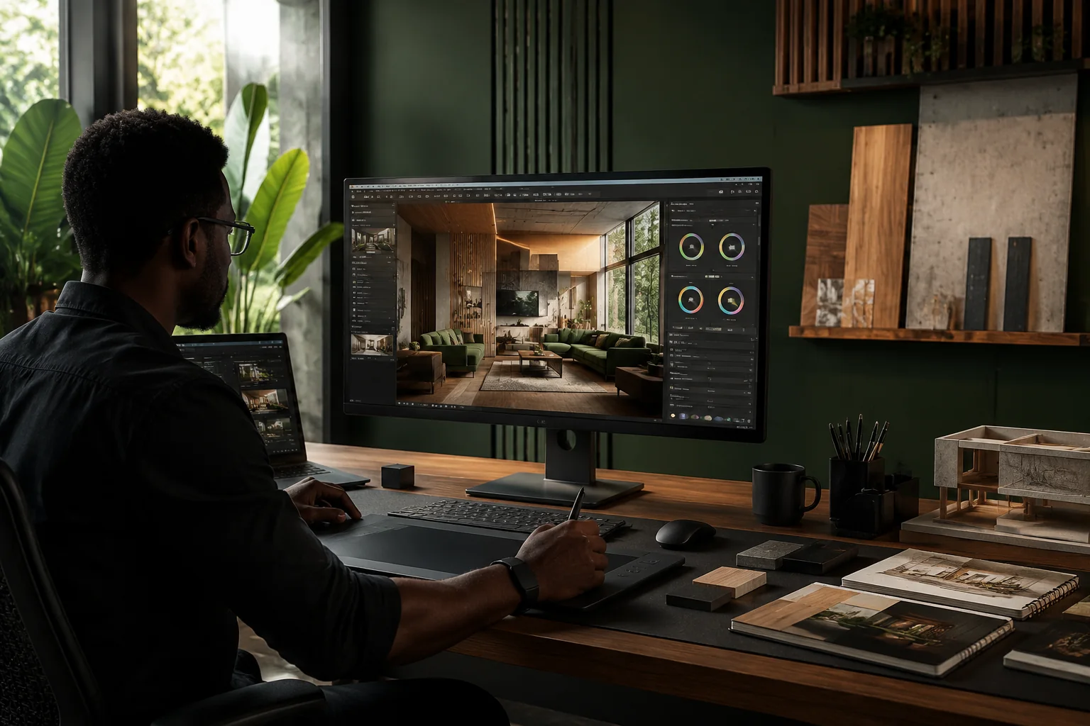 Poste de travail de postproduction avec rendu architectural équilibré